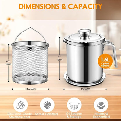 Chihee Grease Container Deep Fryer 2 in 1 Stainless Steel Bacon Grease Saver with Fine Mesh Strainer Fry Basket 2L / 67.6 fl oz Oil Container Grease Can with Lid Tray for Kitchen Storing Frying