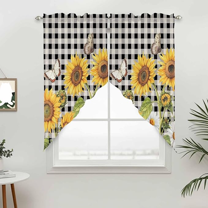 Sunflowers Swag Valances for Windows, Yellow Flowers Butterfly Farmhouse Black Plaid Rod Pocket Kitchen Curtains Valance, Small Window Curtains Swag for Cafe Bathroom Living Room, 2 Panels, 28x36 inch