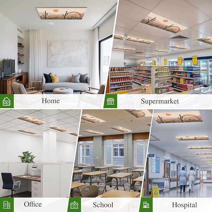 Fluorescent Light Covers for Ceiling Lights Cactus Desert Magnetic Light Filters 3 Pack 4x2 ft Sun Mountain Rainbow Bohemian Style Ceiling Lights Cover for Classroom Office School Home Drop Lamp Decor