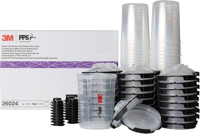 3M PPS 2.0 Spray Gun Cup, Lids and Liners Kit, 26024, Large, 28 Ounces, 200-Micron Filter, Use for Cars, Furniture, House and More, 1 Paint Cup, 50 Disposable Lids and Liners, 32 Sealing Plugs