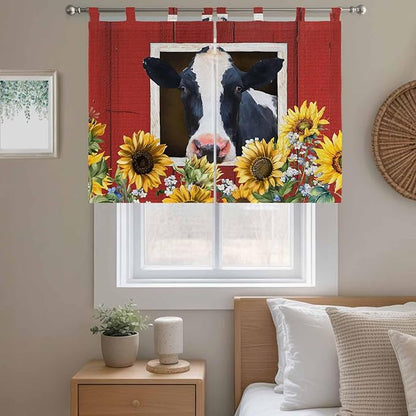 Cow Sunflowers Bedroom Curtains 63 Inch Length, Window Curtains Tab Top, Botanical Floral Leaves Bees Farm Barn Light Filtering Window Treatments Drapes 42"x63" 2 Panel