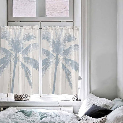 Summer Coconut Tree on Vintage Wood Grain Window Valance Curtains, Seaside Plants Light Filtering Kitchen Valance with 3-inch Rod Pocket for Living Room Bathroom Bedroom,2 Panel,52x45In