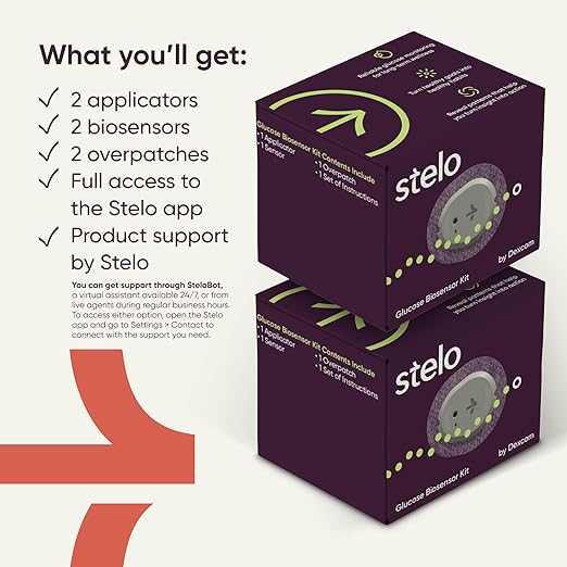 Stelo Glucose Biosensor & App by Dexcom - A Leader in Continuous Glucose Monitoring (CGM). 24/7 Tracking & Personalized Insights to Reveal Patterns. 2-Pack (Up to 15 Days Each). iOS & Android.