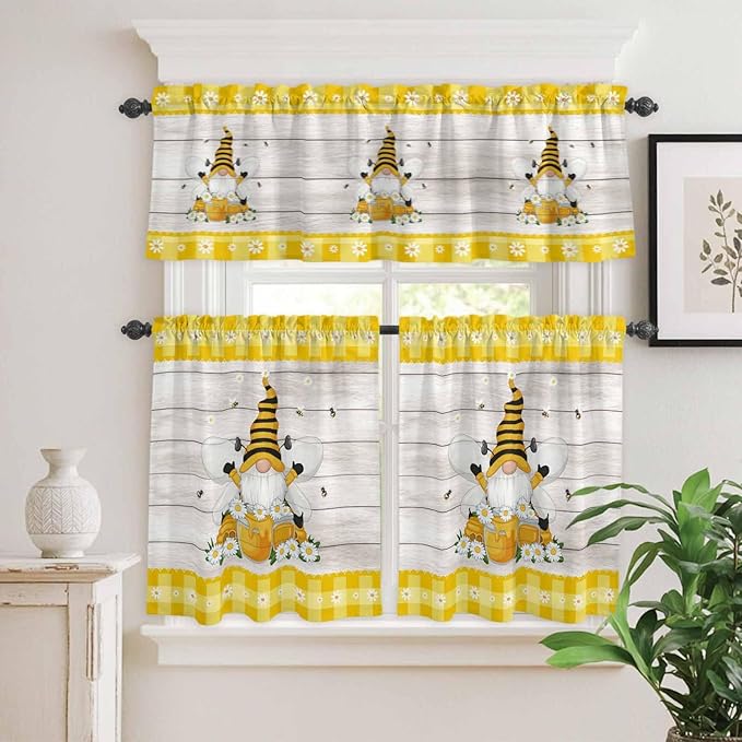 Yellow Gnomes Kitchen Curtains Set 3 Piece for Windows, Rod Pocket Valance and Tier Set 36 Inch Length, Spring Bees Daisy Plaid Wooden Grain Light Filtering Cafe Curtains for Living Room Bathroom