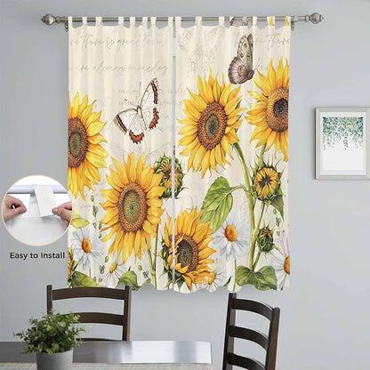 Farm Sunflowers Living Room Curtains 84 Inch Length, Window Curtains Tab Top, Retro Flowers Butterfly Botanical Beige Light Filtering Window Treatments Drapes 52"x84" 2 Panel