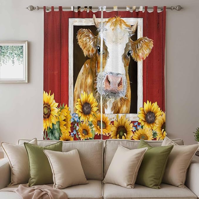 Cows Sunflowers Living Room Curtains 84 Inch Length, Window Curtains Tab Top, Spring Floral Bees Farmhouse Barn Light Filtering Window Treatments Drapes 52"x84" 2 Panel