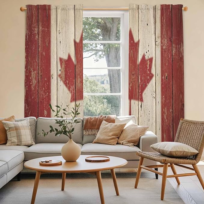 Canada Kitchen Curtains, Red Maple Leaf Flag Vintage Farmhouse Wooden Grain Light Filtering Window Curtain Panels, 2Pcs Rod Pocket Window Treatments Set for Living Room Bathroom Bedroom 52x72 Inches