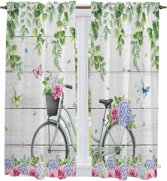 Spring Kitchen Curtains, Bicycles Botanical Rose Leaves Butterfly Wood Grain Light Filtering Window Curtain Panels, 2Pcs Rod Pocket Window Treatments Set for Living Room Bathroom Bedroom 42x63 Inches