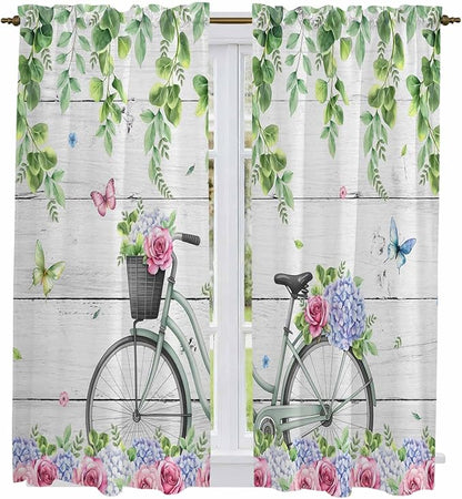 Spring Kitchen Curtains, Bicycles Botanical Rose Leaves Butterfly Wood Grain Light Filtering Window Curtain Panels, 2Pcs Rod Pocket Window Treatments Set for Living Room Bathroom Bedroom 42x63 Inches