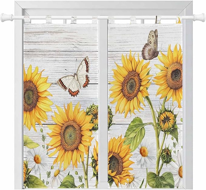 Yellow Sunflowers Living Room Curtains 84 Inch Length, Window Curtains Tab Top, Vintage Country Flowers Butterfly Wood Board Light Filtering Window Treatments Drapes 42"x84" 2 Panel