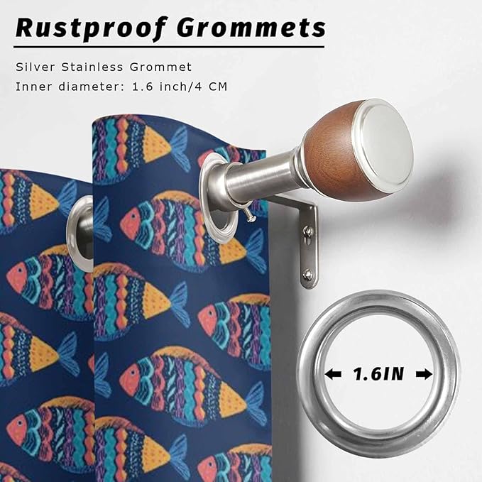 Fish Outdoor Curtains for Patio Vintage National Wind Fish Blue Waterproof Outside Curtains with Grommet Top Weatherproof Curtain for Cabana Pergola Gazebo, 2 Pack, 54" W x 108" L