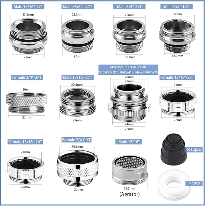 12 pcs Faucet Adapter Kit, CNYMANY Kitchen Aerator Adapter Set Male Female Sink Faucet Adapter Connecting Garden Hose Water Filter Standard Hose via Diverter