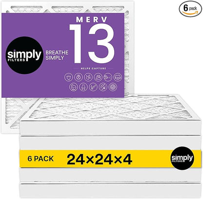 Simply 24x24x4 Air Filter, MERV 13, 6 Pack, Furnace Air Filter for HVAC (Actual Size: 23.5"x23.5"x3.63") DUST, Pet & Allergy Control