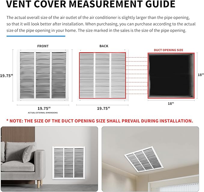 18x18 Air Return Grille(Duct Opening Size),Air Return Vent Cover,Flat Vent Cover,Rejillas De Aire Acondicionado Para Casa,Return Air Grilles,Outer Dimensions:19.75"Wx19.75"H(18"W x 18"H, Duct Opening)