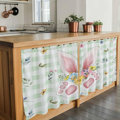 Easter Kitchen Tier Curtains 24 Inch Long 2 Panel Set,Rod Pocket Cafe Small Window Curtains Over Sink,Spring Bunny Ears Feet Flowers Green Plaid Light Filtering Short Drapes for Bathroom 27.5"W x 24"L