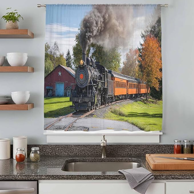 Steam Train Sheer Curtains 108 Inch Length Railroad Country Barn Rustic Trees Farmhouse Chiffon Curtain for Bedroom Living Room Light Filtering Rod Pocket Window Treatments Voile Curtains Drapes