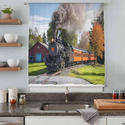 Steam Train Sheer Curtains 72 Inch Length Railroad Country Barn Rustic Trees Farmhouse Chiffon Curtain for Bedroom Living Room Light Filtering Rod Pocket Window Treatments Voile Curtains Drapes