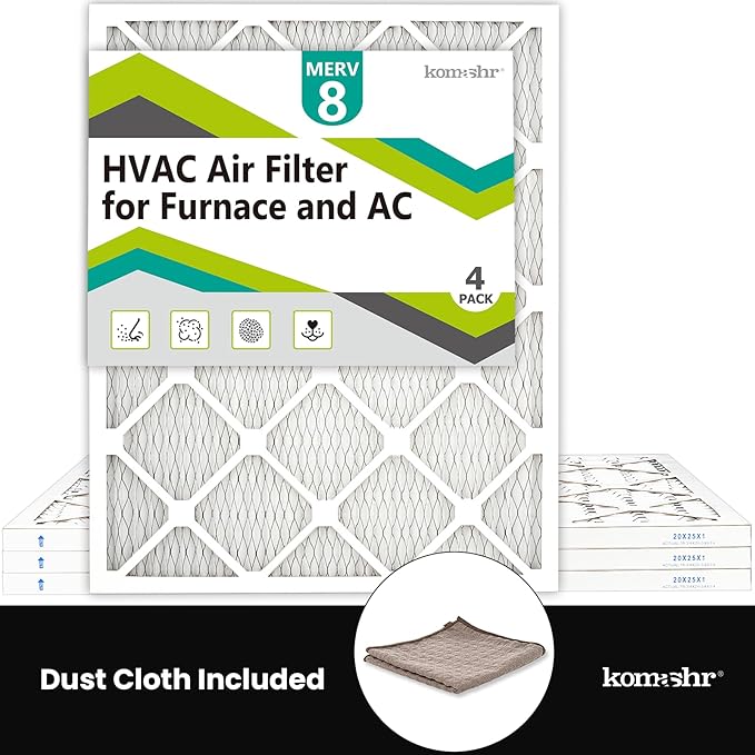 20x25x1 Air Filter MERV 8 (4-Pack), HVAC/Furnace AC Filter Replacement, Dust Defense–Comparable with MPR 600 & FPR 5 (Actual 19.75x24.75x0.75)