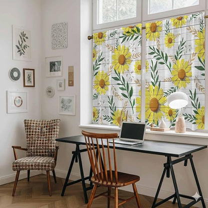 Yellow Daisy Kitchen Curtains, Farmhouse Country Flower Leaf Plant Wood Grain Light Filtering Window Curtain Panels, 2Pcs Rod Pocket Window Treatments Set for RV Dining Room Study Room 42x45 Inches