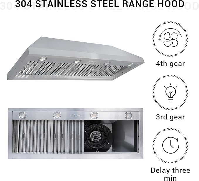 CHETTO C Stainless Steel Range Hood Cover with Quiet Vent Hood Insert Custom Handcrafted Metal Kitchen Fan with Towel Rack LED Light 48"W x21"D x36"H Brushed Stainless Steel Wall Mount
