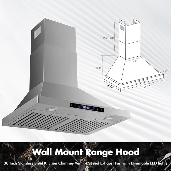 30 inch Wall Mount Range Hood Convertible Vent with Permanent Baffle Filters 800CFM Stainless Steel for Kitchen Gesture Sensing & Touch Control, 4 Speed Exhaust Fan, ETL listed (30 inch)
