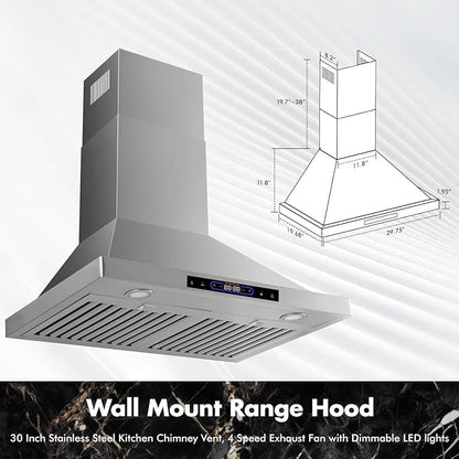 30 inch Wall Mount Range Hood Convertible Vent with Permanent Baffle Filters 800CFM Stainless Steel for Kitchen Gesture Sensing & Touch Control, 4 Speed Exhaust Fan, ETL listed (30 inch)