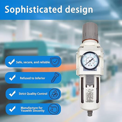 XingNEeng 3/4" NPT Compressed Air Filter Regulator Combo Piggyback, Water/Oil Trap Separator with Pressure Gauge(0-150 psi), Semi-Auto Drain, Poly Bowl, 5 Micron Brass Element, Metal Bracket
