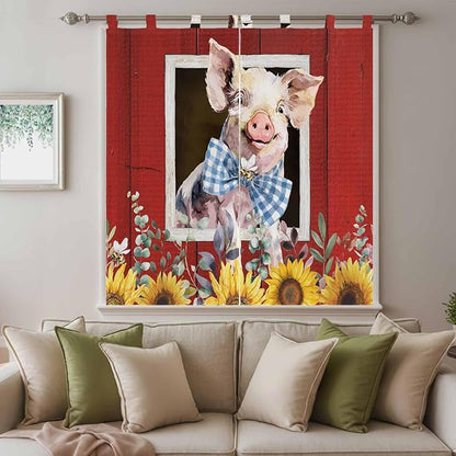 Pig Sunflowers Bedroom Curtains 72 Inch Length, Window Curtains Tab Top, Eucalyptus Leaves Floral Bees Red Barn Light Filtering Window Treatments Drapes 52"x72" 2 Panel