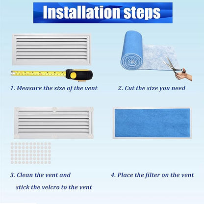 Air Vent Filters Roll, 12" x 90" Cut to Size Air Filters with 66PCS Hook&Loop Fasteners(35+ Filters), MERV 8 Triple Filtration Vent Filter Material for Home Floor, Ceiling, HVAC, Grilles (12x90 inch)