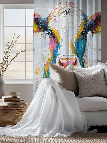 Sheer Curtains 63 Inch Length, Farmhouse Oil Painting Semi Sheer Curtains Light Filtering Window Treatment, Colorful Cow Animal Wooden Grain Privacy Voile Drapes for Living Room Bedroom 52x63 Inch