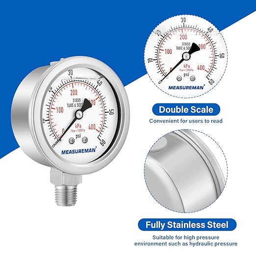 MEASUREMAN Fully Stainless Steel Hydraulic Glycerin Filled Pressure Gauge, 2-1/2" Dial Size, 1/4" NPT Lower Mount, 0-60psi/kpa