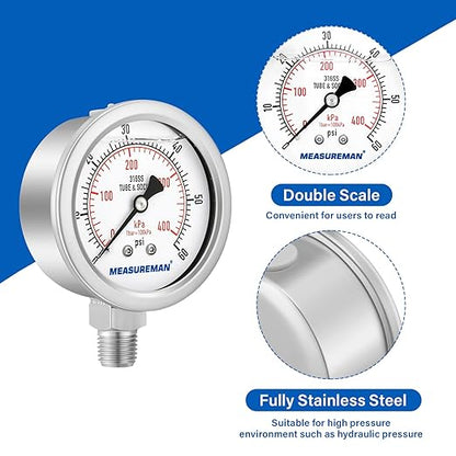 MEASUREMAN Fully Stainless Steel Hydraulic Glycerin Filled Pressure Gauge, 2-1/2" Dial Size, 1/4" NPT Lower Mount, 0-60psi/kpa