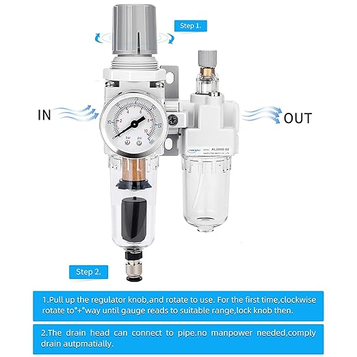 NANPU 1/4" NPT Auto-Drain Air Filter Regulator Lubricator Combo (FRL) Water/Oil Trap Separator - Gauge(0-150 psi), 5 Micron Brass Element, Poly Bowl, Metal Bracket