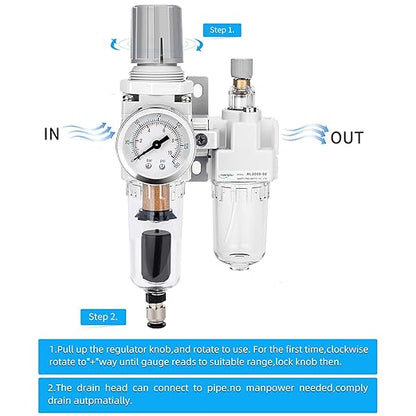 NANPU 1/4" NPT Auto-Drain Air Filter Regulator Lubricator Combo (FRL) Water/Oil Trap Separator - Gauge(0-150 psi), 5 Micron Brass Element, Poly Bowl, Metal Bracket