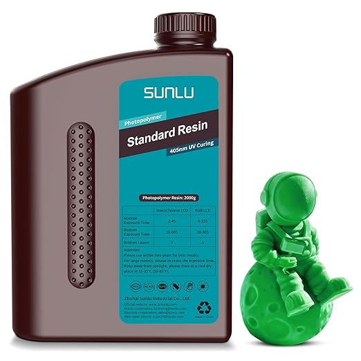 SUNLU 3D Printer Resin 2kg, Fast Curing Standard 3D Resin for LCD DLP SLA Resin 3D Printers, 395 to 405nm UV Curing 3D Printing Liquid Photopolymer Resin, Low Shrinkage, High Precision, 2000g, Green