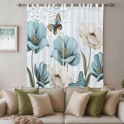 Blue Tulips Living Room Curtains 96 Inch Length, Window Curtains Tab Top, Watercolor Flowers Butterfly Spring Farmhouse Blue Light Filtering Window Treatments Drapes 52"x96" 2 Panel