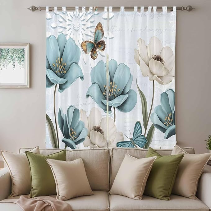 Blue Tulips Living Room Curtains 84 Inch Length, Window Curtains Tab Top, Watercolor Flowers Butterfly Spring Farmhouse Blue Light Filtering Window Treatments Drapes 52"x84" 2 Panel