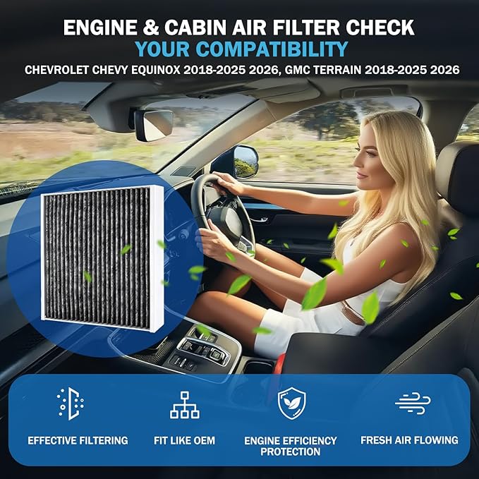 Cabin & Engine Air Filter Set Accessories for Chevrolet Chevy Equinox 2018-2025 2026, GMC Terrain 2018-2025 2026 Activated Carbon Automotive Engine Cabin Air Filter Replacement for CA12260 CF11966