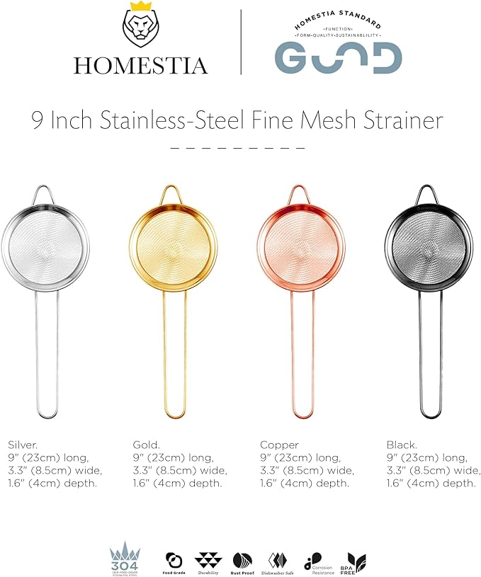 Homestia 2 Piece 3.3" Fine Mesh Strainer for Kitchen, 304 Stainless Steel Cocktail Sieve Sifters for Food, Liquid Strainer for Drinks, Tea, Coffee, Juice, Flour, Fruits, Vegetables (Silver, 2 Pack)