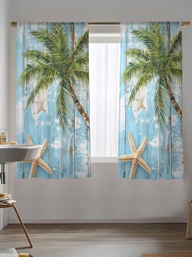 Sheer Curtains 63 Inch Length, Coastal Beach Blue Semi Sheer Curtains Light Filtering Window Treatment, Tropical Coconut Tree Vintage Wood Grain Privacy Voile Drapes for Living Room Bedroom 52x63 Inch