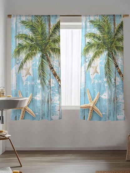 Sheer Curtains 72 Inches Long, Coastal Beach Blue Semi Sheer Curtains Light Filtering Window Treatment, Tropical Coconut Tree Vintage Wood Grain Privacy Voile Drapes for Living Room Bedroom 52x72 Inch