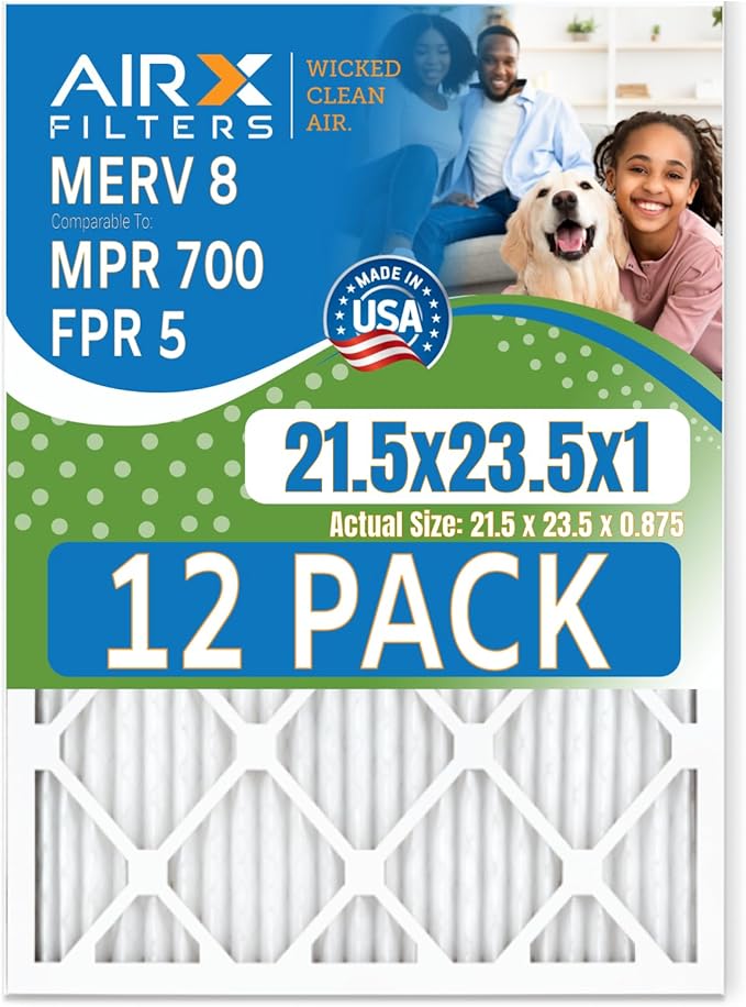 21.5x23.5x1 Air Filter MERV 8 Rating, 12 Pack of Furnace Filters Comparable to MPR 700 & FPR 5 - Made in USA by AIRX FILTERS WICKED CLEAN AIR.