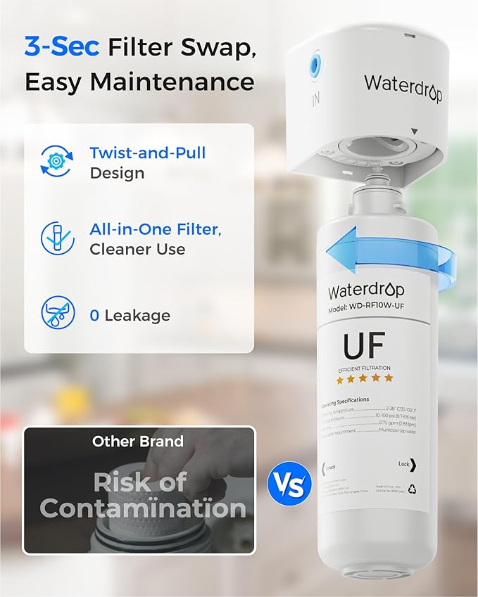 Waterdrop 10UAW-UF 0.01 μm Ultra Filtration Under Sink Water Filter System, 1 Year, Reduces Lead, Chlorine, Bad Taste & Odor, Direct Connect to Kitchen Faucet, USA Tech