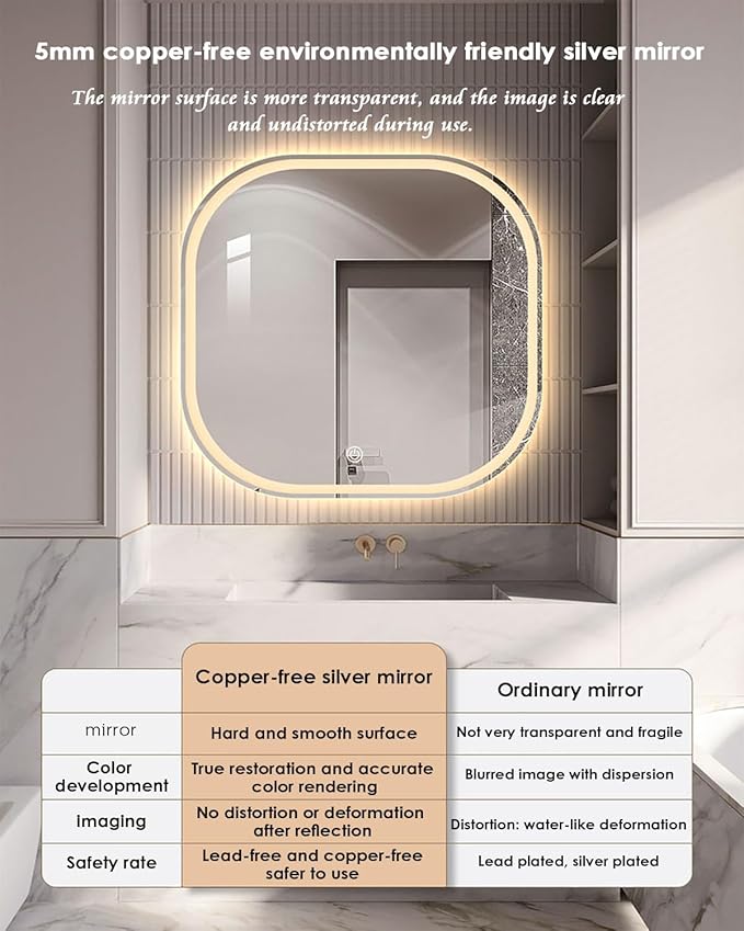 JSLJDM 500X500 mm Illuminated Backlit LED Bathroom Mirror, Wall Mounted Multifunction Bathroom Vanity Mirror with Lights and Demister Pad, Energy-Saving Illuminated Smart Mirror 70cm tricolorlight