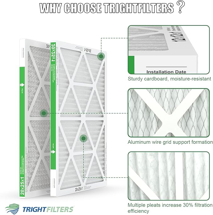 20x25x1 Air Filter 4 Pack, MERV 8 Pleated Dust Defense Air Filters Replacement Air Conditioner HVAC AC Furnace Filter, Durable and Lightweight
