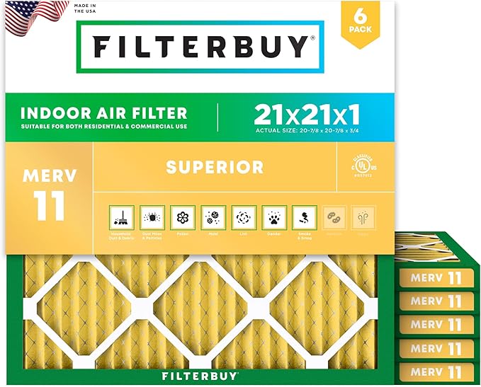 Filterbuy 21x21x1 Air Filter MERV 11 Superior Pet & Allergy Defense (6-Pack), Electrostatic Pleated HVAC AC Furnace Filters Replacement, Made in USA (Actual Size: 20.88 x 20.88 x 0.75)