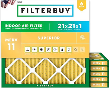 Filterbuy 21x21x1 Air Filter MERV 11 Superior Pet & Allergy Defense (6-Pack), Electrostatic Pleated HVAC AC Furnace Filters Replacement, Made in USA (Actual Size: 20.88 x 20.88 x 0.75)
