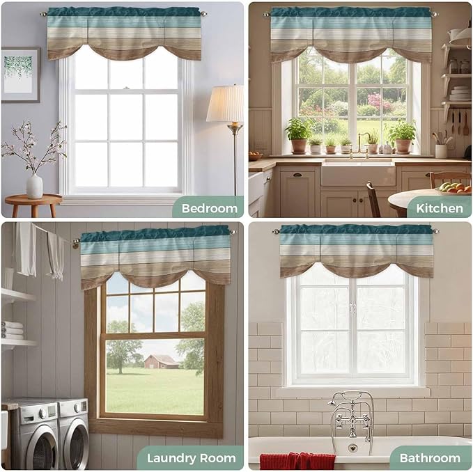 Teal Brown Tie Up Valance Curtains for Windows, Kitchen Curtains Window Shades, Farmhouse Vintage Abstract Wooden Grain Light Filtering Roman Curtain Valances for Bedroom/Bathroom/Cafe 42"x18"