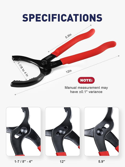SMART JERRY - Adjustable Oil Filter Wrench | Motorcycle Oil Change Tool | 12'' Oil Filter Pliers for Engine Filter, Conduit, PVC Fitting | Fuel Filter Removal Tool Fit 1-7/8" to 4" Filter