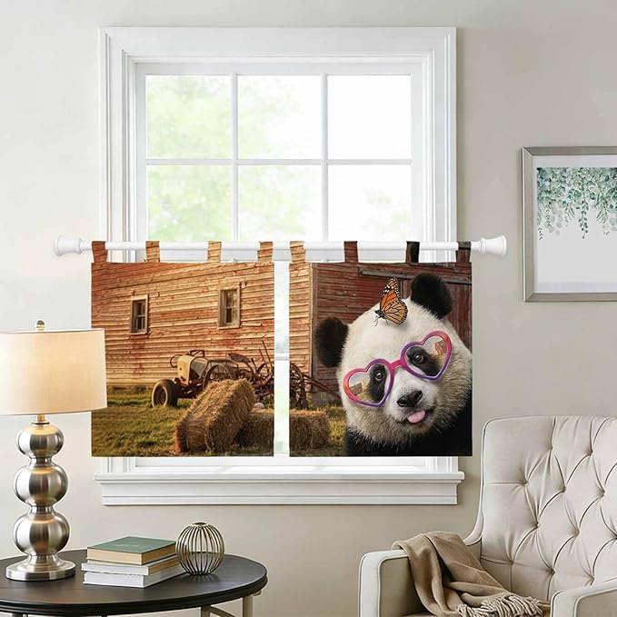 Farm Panda Kitchen Curtains 24 Inch Length, Small Window Curtains Tab Top, Farmhouse Barn Funny Animals Butterfly Light Filtering Short Window Treatments Tier Drapes 27.5"x24" 2 Panel